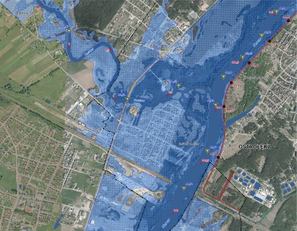 Fragment mapy zagrożenia powodziowego wraz z głębokością wody